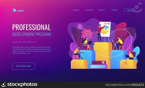 Employees with laptops learning at professional trainig. Internal education, employee education, professional development program concept. Website vibrant violet landing web page template.. Internal education concept landing page.