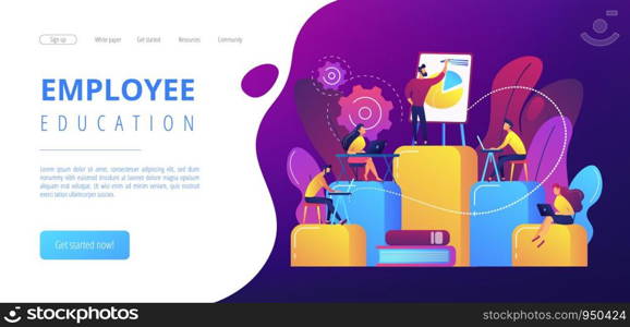 Employees with laptops learning at professional trainig. Internal education, employee education, professional development program concept. Website vibrant violet landing web page template.. Internal education concept landing page.