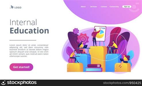 Employees with laptops learning at professional trainig. Internal education, employee education, professional development program concept. Website vibrant violet landing web page template.. Internal education concept landing page.