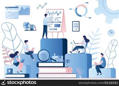 Employees with laptops learning at professional training. Internal education, staff training or education, professional development program concept.Business teacher on top.Trendy vector illustration.