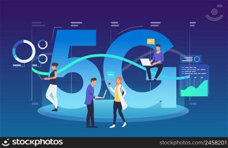 Employees with laptops using 5G internet. Communication, fifth generation, discussion. Technology concept. Vector illustration can be used for topics like wireless connection network, interacting