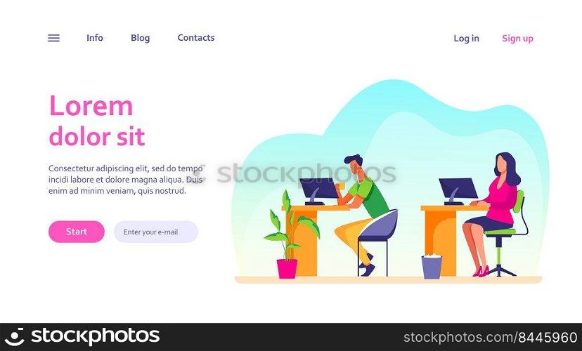 Employees working at computers. Office people, workplaces, co-working flat vector illustration. Corporate open space, professionals concept for banner, website design or landing web page