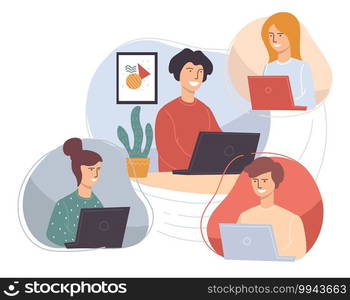 Employees working from home using laptops to get connected. People with computers doing projects online. Students doing homework or courses, distant studies or job network. Vector in flat style. People working from home, students or employees