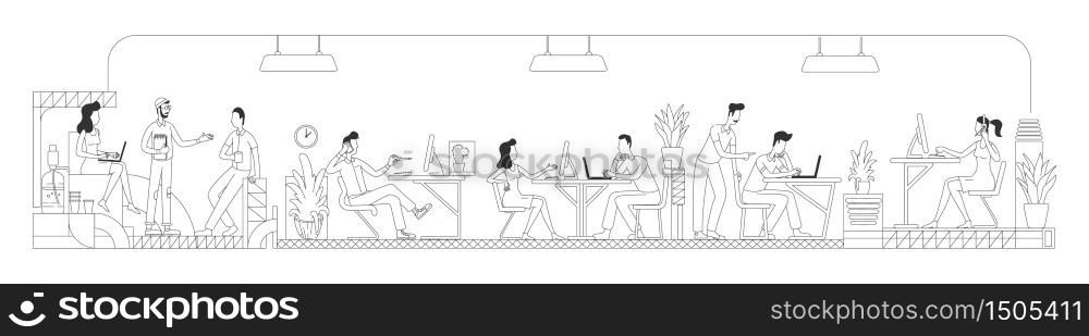 Employees working in creative office thin line vector illustration. Workers at business center outline characters on white background. Modern workspace with computers simple style drawing
