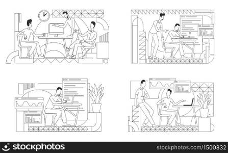 Employees working on collaborative projects thin line vector illustrations set. Web developer, business analyst outline characters on white background. Corporate workers style drawing collection