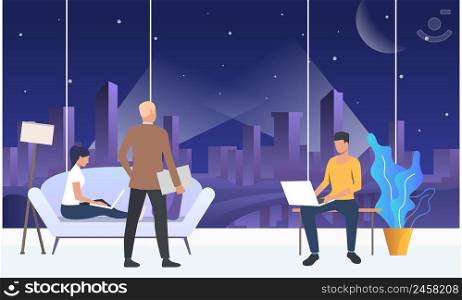 Employees working on laptops in modern office space. Wireless technology concept. Vector illustration can be used for topics like communication, high speed internet connection, 5G network