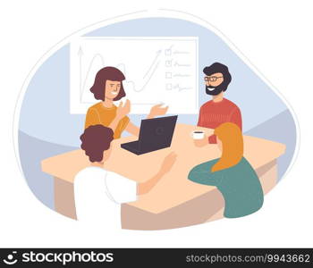 Employees working on new company project. People discussing ideas and planning, strategy and presentation of plan. Brainstorming session. Characters with laptops sitting by table. Vector in flat style. Business seminar or meeting of company workers
