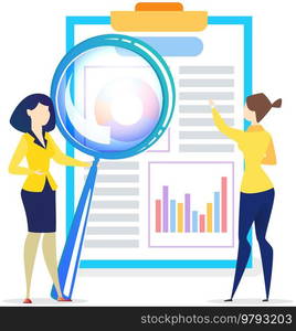 Employees working with statistics, analytics. Businesswomen brainstorming, coworking, analysing data. Woman with magnifying glass examines statistical report with diagrams of sales management. Businesswomen analysing data, statistics. Woman with magnifying glass examines statistical report