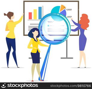 Employees working with statistics, analytics, presentation of research results. Businesspeople brainstorming, coworking, analysing data. Woman with magnifying glass examines statistical report. Employees working with statistics, analytics, presentation of research results, analysing data