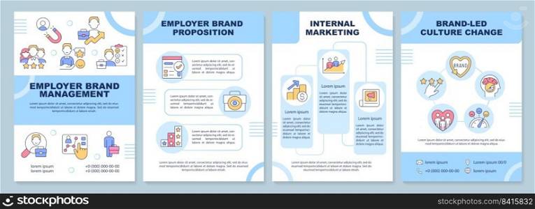 Employer branding blue brochure template.Talent retention. Leaflet design with linear icons. Editable 4 vector layouts for presentation, annual reports. Arial-Black, Myriad Pro-Regular fonts used. Employer branding blue brochure template