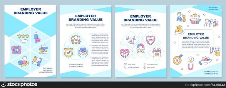 Employer branding value blue brochure template. Happy workers. Leaflet design with linear icons. Editable 4 vector layouts for presentation, annual reports. Arial-Black, Myriad Pro-Regular fonts used. Employer branding value blue brochure template
