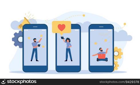 Employer business mobile screen illustration. Man and woman talk chat with laptop job concept vector. Flat businessperson office work background application online. Phone colleague banner
