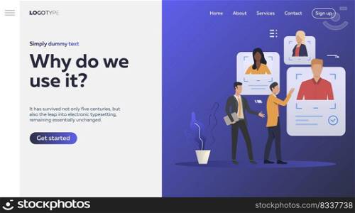 Employer consulting recruiting expert. Two men studying candidates profiles. Human resource concept. Vector illustration can be used for landing pages, banner and poster design