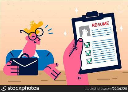 Employer hold job candidate resume speak on interview in office. Smiling male work applicant have recruitment talk with boss or HR. employment and career concept. Vector illustration. . Male candidate have interview with employer in office