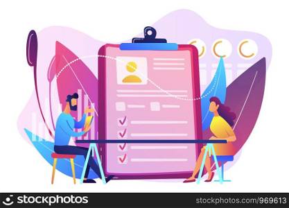 Employer meeting job applicant at pre-employment assessment. Employee evaluation, assessment form and report, performance review concept. Bright vibrant violet vector isolated illustration. Employee assessment concept vector illustration.