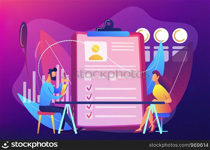 Employer meeting job applicant at pre-employment assessment. Employee evaluation, assessment form and report, performance review concept. Bright vibrant violet vector isolated illustration. Employee assessment concept vector illustration.