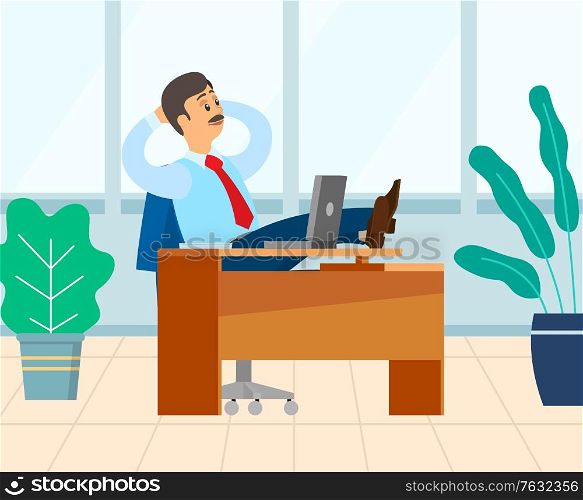 Employer sitting in his office vector, male relaxing on table. Workplace with computer and decoration, male wearing formal clothes having coffee break. Boss Relaxing in Room with Plants, Chef Employer