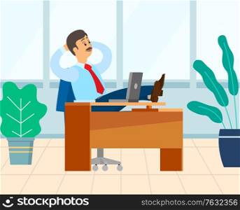 Employer sitting in his office vector, male relaxing on table. Workplace with computer and decoration, male wearing formal clothes having coffee break. Boss Relaxing in Room with Plants, Chef Employer