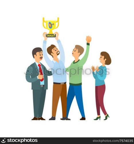 Employers and employees with trophy and target vector. People celebrating success of team, boss leader with workers. Businessman and businesswoman. Employers and Employees with Trophy and Target