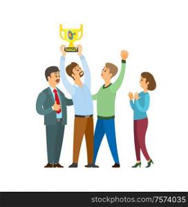 Employers and employees with trophy and target vector. People celebrating success of team, boss leader with workers. Businessman and businesswoman. Employers and Employees with Trophy and Target