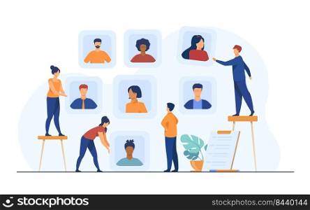 Employers choosing candidates for job interview. HR professionals analyzing applicant or employee profiles. Vector illustration for recruit agency, career, business, employment concept