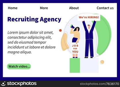 Employment agency web page with flat human characters holding text placards with clickable links and button vector illustration
