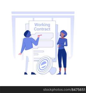 Employment agreements isolated concept vector illustration. Employee signs a work contract in office, legal business documents, company documentation, corporate paperwork vector concept.. Employment agreements isolated concept vector illustration.