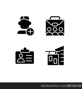 Employment black glyph icons set on white space. Company personnel. Hiring employee. Office workplace. Work environment. Silhouette symbols. Solid pictogram pack. Vector isolated illustration. Employment black glyph icons set on white space