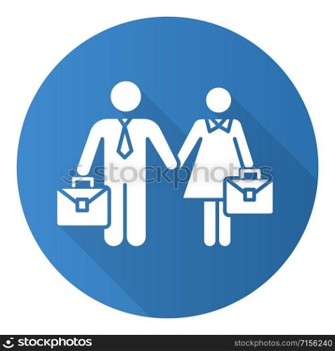 Employment gender equality blue flat design long shadow glyph icon. Woman and man equal work rights. Female and male career path. Business industry. Feminism, democracy. Vector silhouette illustration