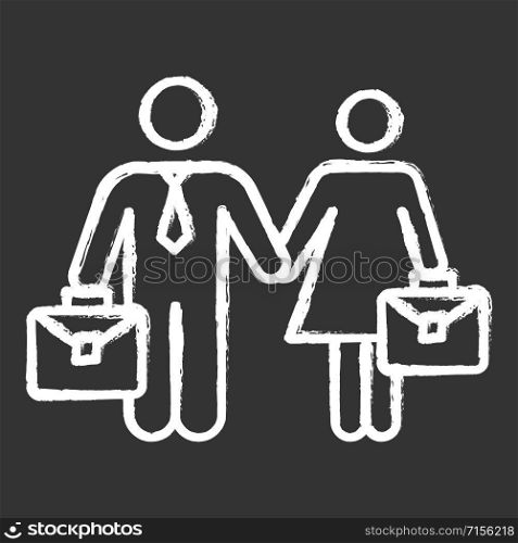Employment gender equality chalk icon. Woman and man equal work rights. Female and male career path. Business industry. Businessman, businesswoman. Isolated vector chalkboard illustration