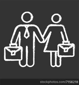 Employment gender equality chalk icon. Woman and man equal work rights. Female and male career path. Business industry. Businessman, businesswoman. Isolated vector chalkboard illustration