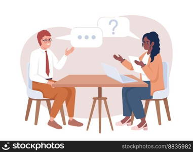 Employment interview 2D vector isolated illustration. Female interviewer asking potential employee flat characters on cartoon background. Colorful editable scene for mobile, website, presentation. Employment interview 2D vector isolated illustration