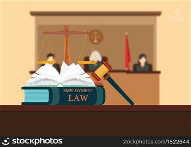 Employment Law books with a judges gavel , judicial system set and three judges blured background Conceptual Law and justice set icon, Vector illustration.
