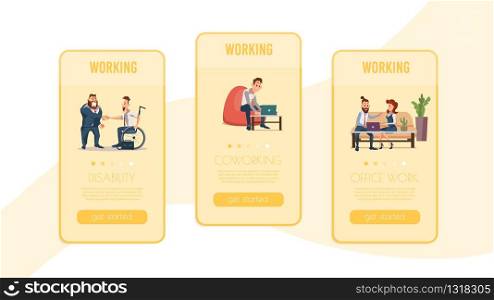 Employment of People with Disabilities, Modern Coworking Space, Office Work Search Online Service Trendy Flat Vector Web Banners, Landing Pages Set. Businesspeople Working in Office Illustration
