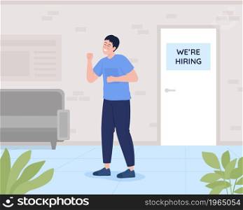 Employment opportunity flat color vector illustration. Candidate successfuly passed interview. Accepted for work position. Excited man 2D cartoon characters with office interior on background. Employment opportunity flat color vector illustration