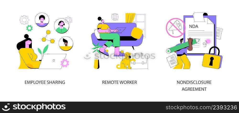 Employment options abstract concept vector illustration set. Employee sharing, remote worker, nondisclosure agreement, sign contract, freelance worker, confidential information abstract metaphor.. Employment options abstract concept vector illustrations.