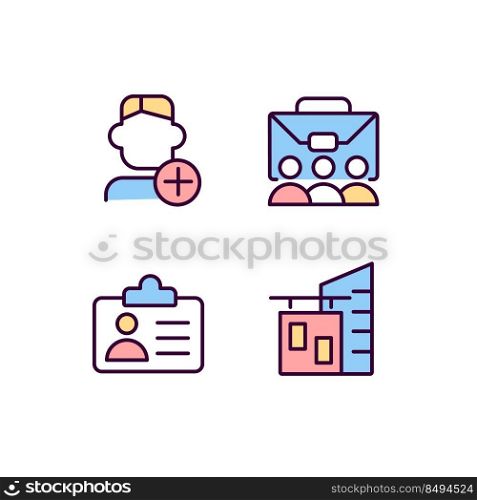 Employment pixel perfect RGB color icons set. Company personnel. Hiring employee. Work environment. Isolated vector illustrations. Simple filled line drawings collection. Editable stroke. Employment pixel perfect RGB color icons set