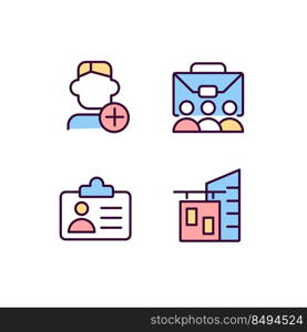 Employment pixel perfect RGB color icons set. Company personnel. Hiring employee. Work environment. Isolated vector illustrations. Simple filled line drawings collection. Editable stroke. Employment pixel perfect RGB color icons set