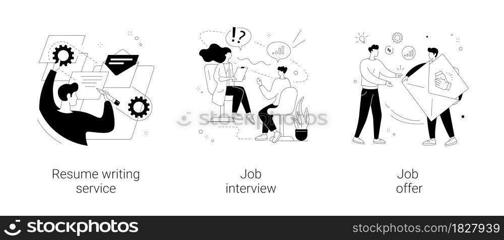Employment process abstract concept vector illustration set. Resume writing service, job interview, job offer, CV online, cover letter, candidate profile, recruiter, hiring manager abstract metaphor.. Employment process abstract concept vector illustrations.