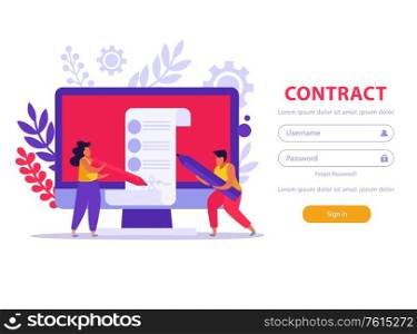 Employment service and employment documents flat background with sign in fields button and doodle image composition vector illustration