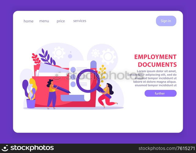 Employment service and employment documents flat composition with web page clickable links text buttons and images vector illustration