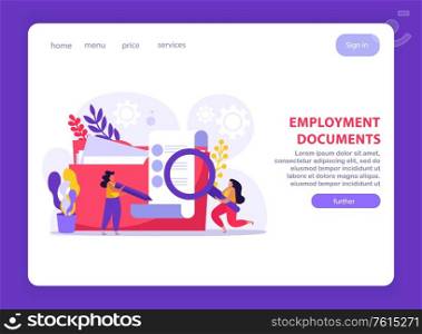 Employment service and employment documents flat composition with web page clickable links text buttons and images vector illustration
