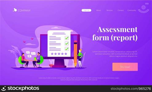 Employment service, recruitment agency. Candidate sourcing, HR interview. Employee evaluation, assessment form and report, performance review concept. Website homepage header landing web page template.. Employee assessment landing page template