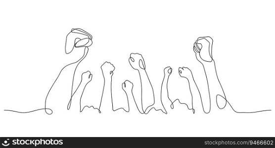 empowering hands of audiences fist gesture one line drawing vector illustration. encouragement and engagement.thin line.