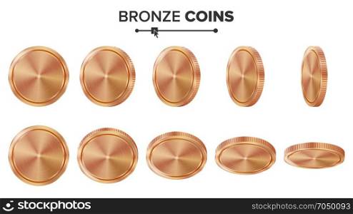 Empty 3D Bronze, Copper Coins Vector Blank Set. Realistic Template. Flip Different Angles. Investment, Web, Game App Interface Concept. Coin Icon, Sign, Banking Cash Symbol. Currency Isolated. Empty 3D Bronze, Copper Coins Vector Blank Set. Realistic Template. Flip Different Angles. Investment, Web, Game App Interface Concept. Coin Icon, Sign, Banking Cash Symbol