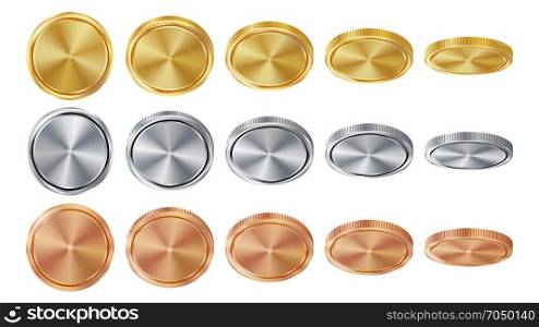Empty 3D Gold, Silver, Bronze Coins Vector. Empty 3D Gold, Silver, Bronze Coins Vector Blank Set. Realistic Template. Flip Different Angles. Investment, Web, Game App Interface Concept. Coin Icon, Sign, Banking Cash Symbol