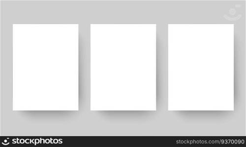 Empty affiche mockup copy. Blank white paper sheet template set isolated on grey background. Poster with drop shadows, A4 page mockup for print production as cover , banner vector illustration. Empty affiche mockup copy. Blank white paper sheet template set isolated on grey. Poster with drop shadows