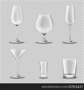 Empty alcohol drinks glassware transparent realistic 3d set isolated vector illustration. Glassware Transparent Set