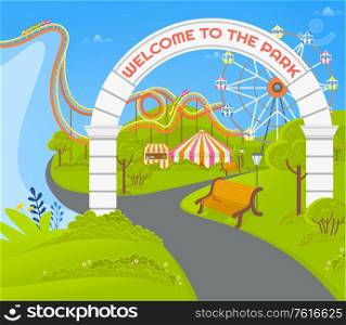 Empty amusement park with no people vector, path and wooden bench, attraction and ferris wheel with cabins. Roundabout spinning for fun and recreation. Welcome to Park, Empty Place with Attractions