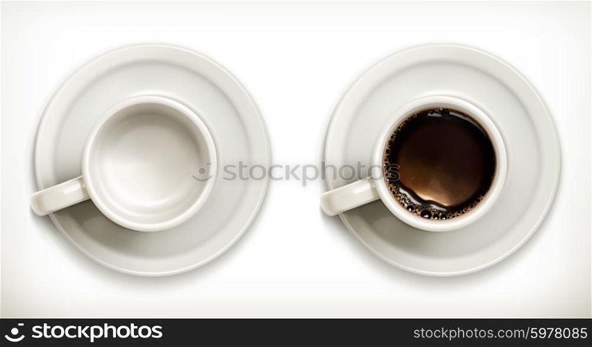 Empty and full coffee cups, vector icons set